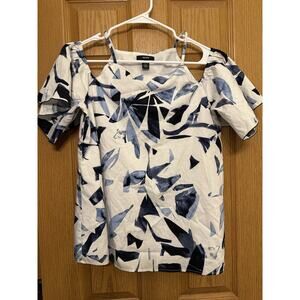 Alfani Womens Paint Abstract Ruffled Cold Shoulder Blouse Top Size 8